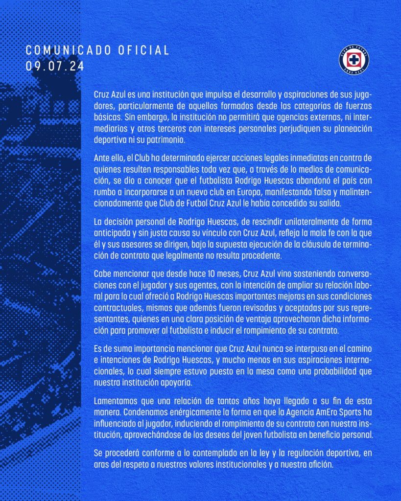 El durísimo comunicado de Cruz Azul contra Huescas y su agente. (@CruzAzul)