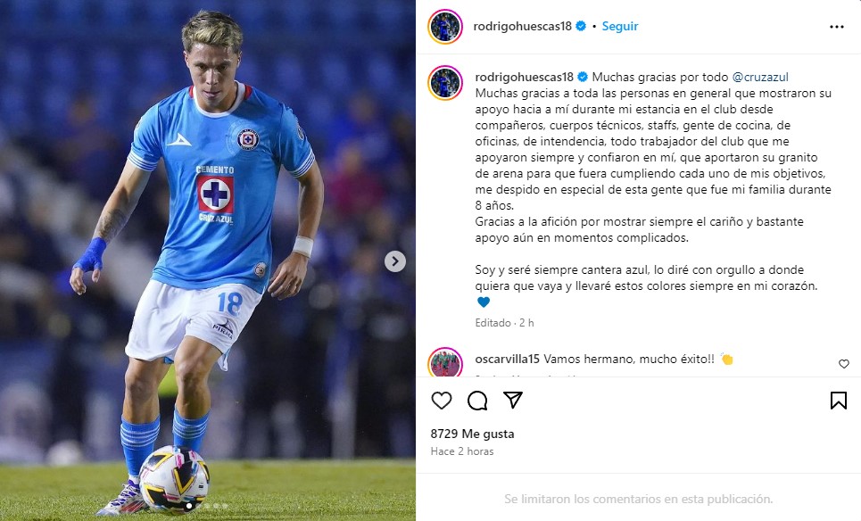 El emotivo mensaje de despedida de Rodrigo Huescas para Cruz Azul (Instagram)